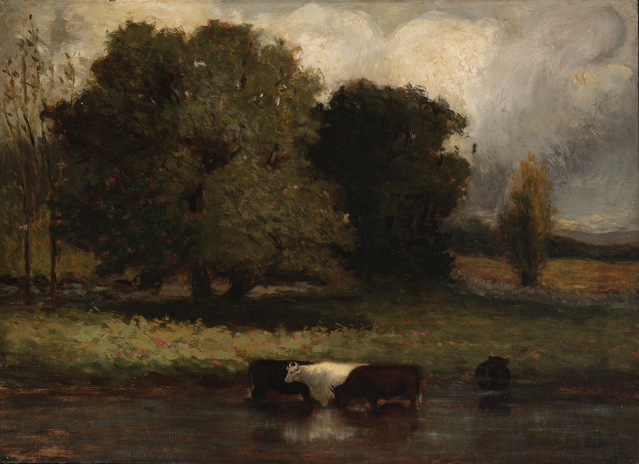 Uden titel (Fire køer vader i en dam) af Edward Mitchell Bannister