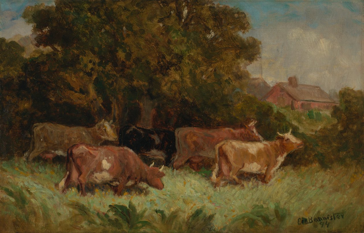 Uden titel (fem køer på græs, hustag i baggrunden) af Edward Mitchell Bannister