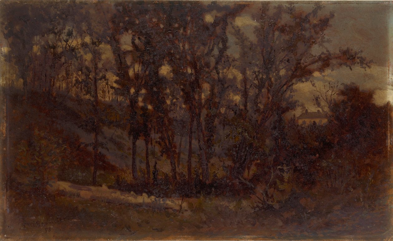 Uden titel (skovscene, væltet træ i forgrunden og hus i baggrunden) af Edward Mitchell Bannister