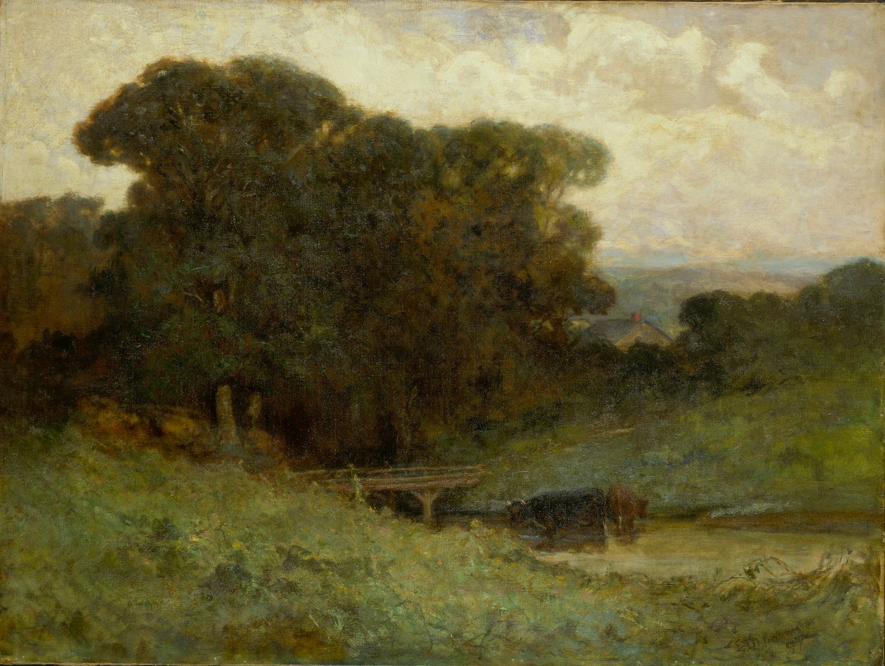 Uden titel (skovbillede med bro, køer i vandløb i forgrunden) af Edward Mitchell Bannister