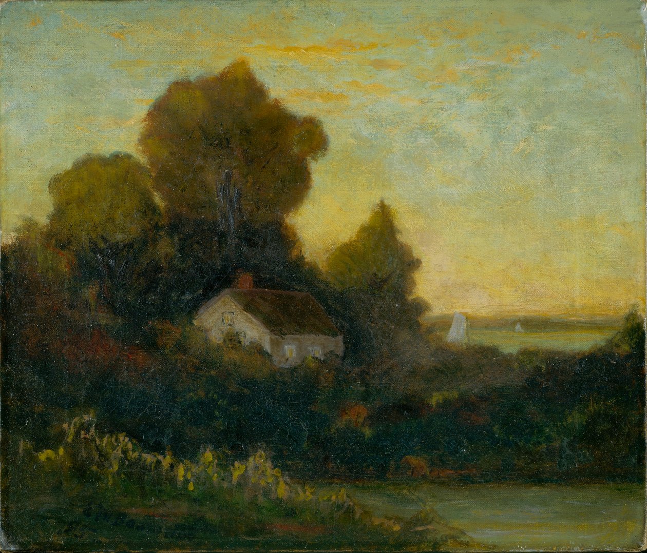 Uden titel (hus i skov nær sø) af Edward Mitchell Bannister