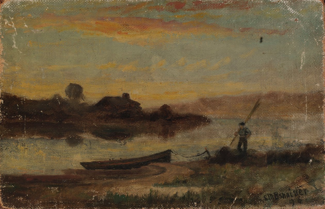 Uden titel (landskab, båd fortøjet ved bredden med gående mand) af Edward Mitchell Bannister