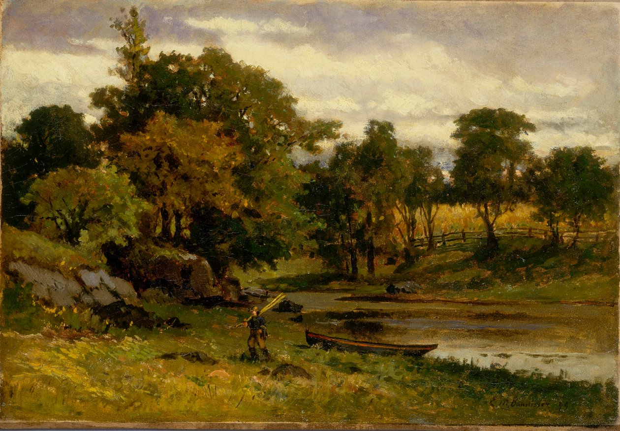 Uden titel (landskab, båd fortøjet ved vandløb, mand går i forgrunden) af Edward Mitchell Bannister