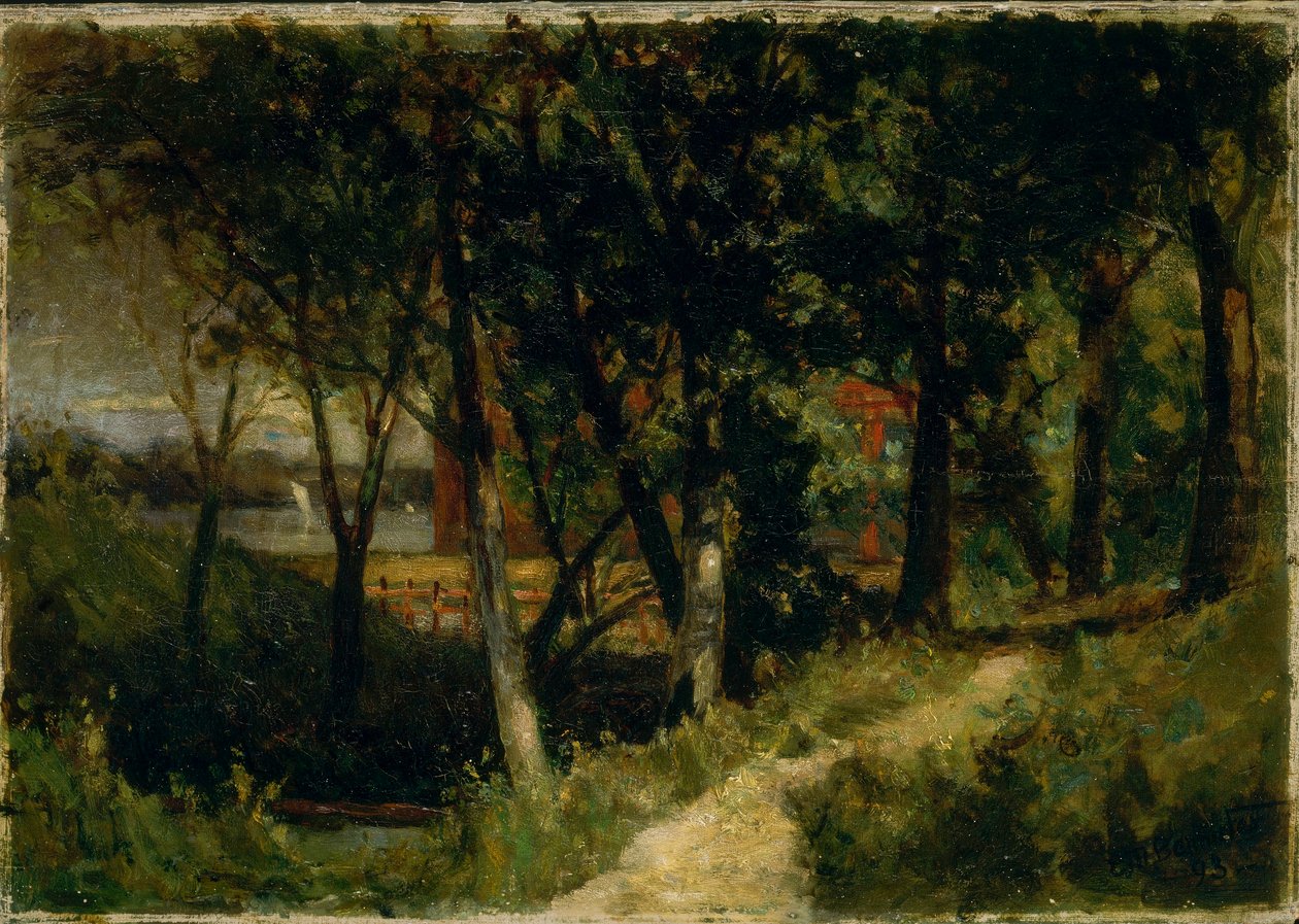 Uden titel (landskab, skovscene med rødt hegn og bygning) af Edward Mitchell Bannister
