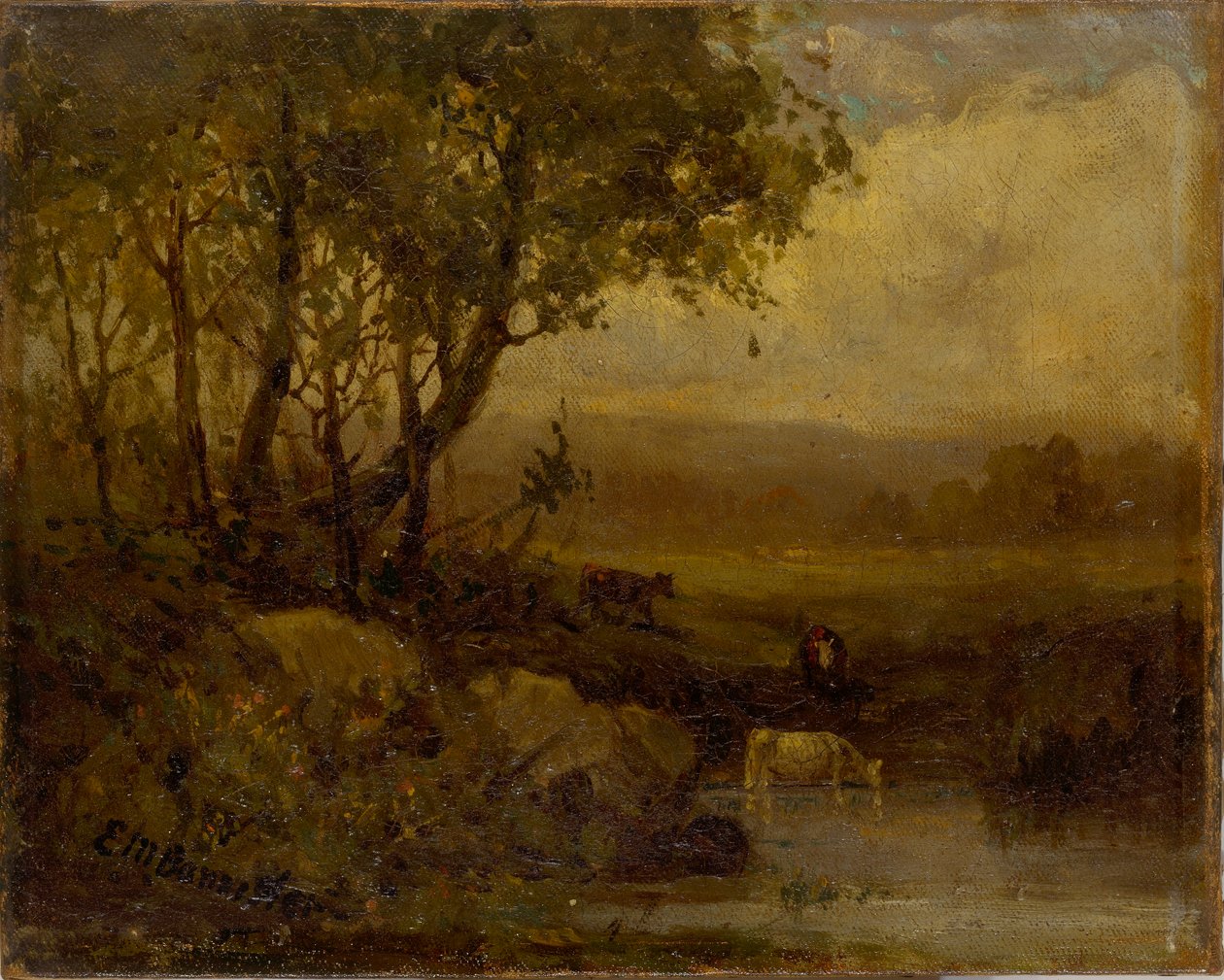 Uden titel (landskab, flodbred, tre køer) af Edward Mitchell Bannister
