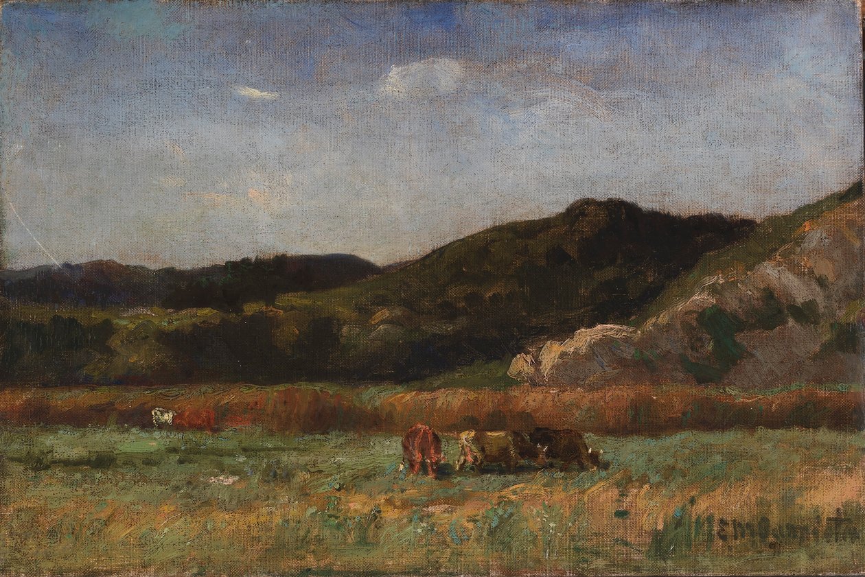 Uden titel (landskab med græssende køer, bakker) af Edward Mitchell Bannister