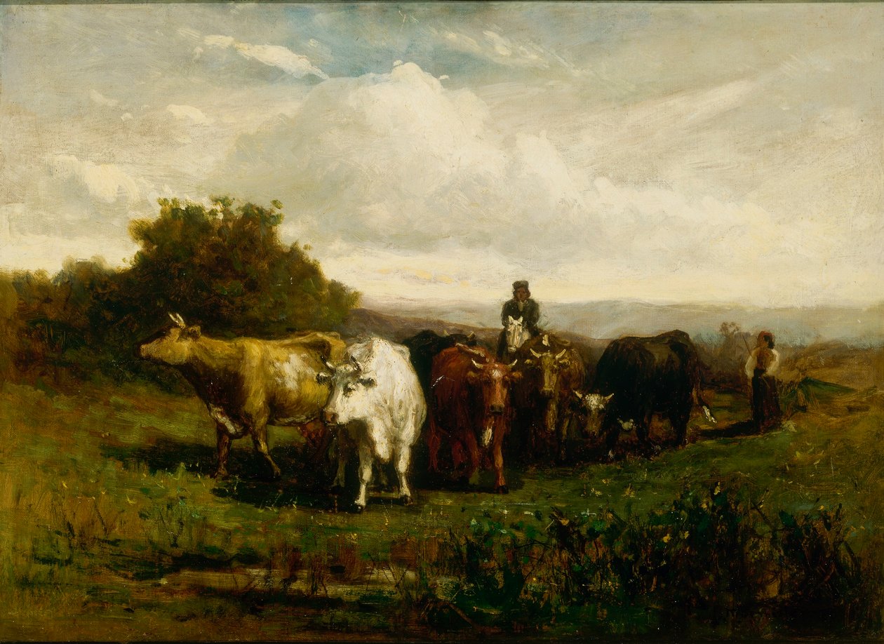 Uden titel (mand på hesteryg, kvinde til fods driver kvæg) af Edward Mitchell Bannister