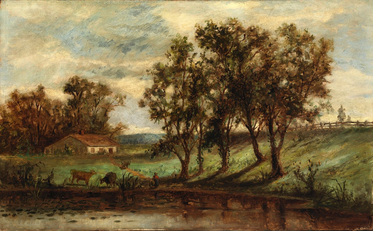 Uden titel (mand med køer, der græsser ved en dam med hus og træer i baggrunden) af Edward Mitchell Bannister