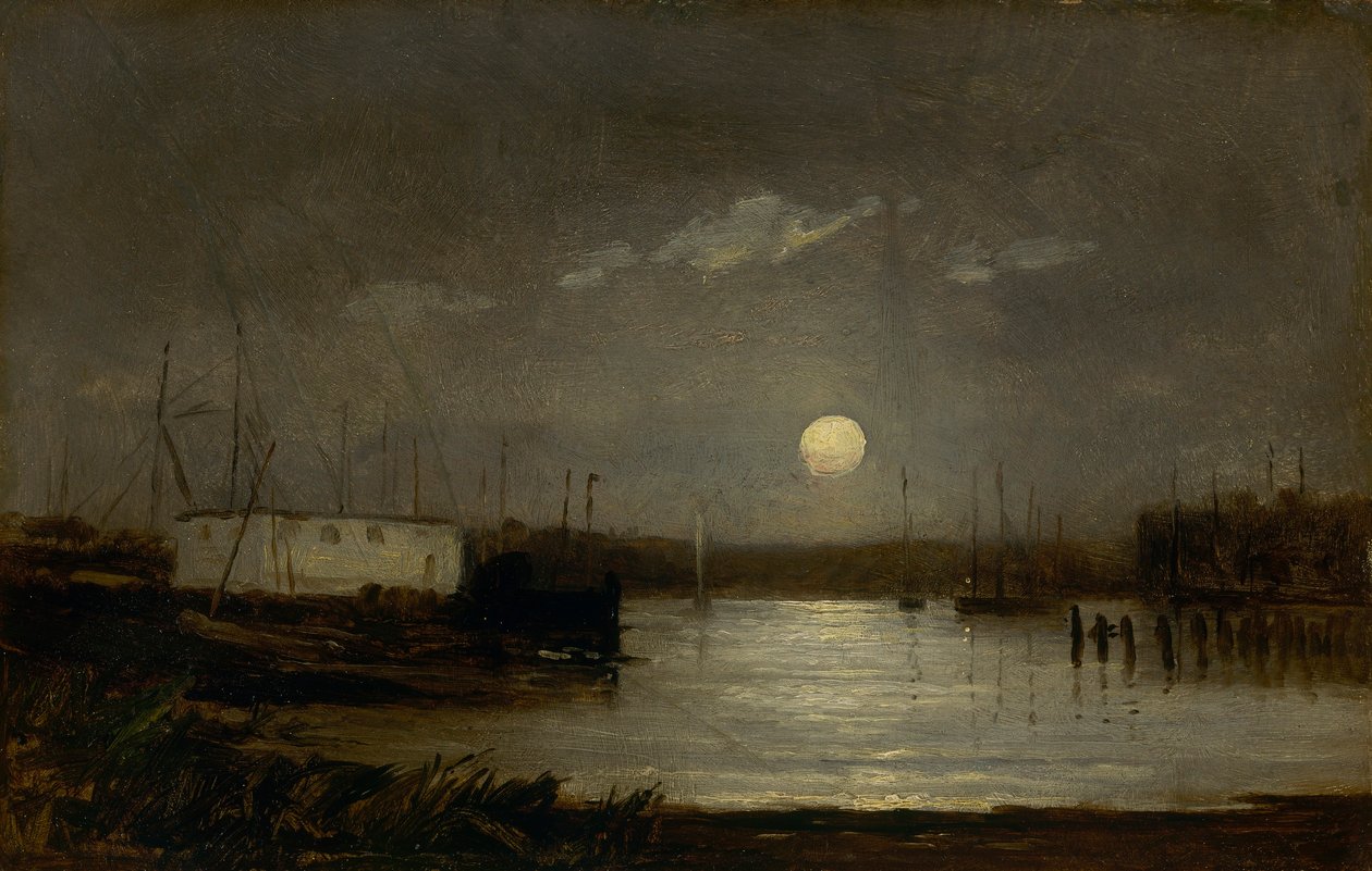 Uden titel (måne over en havn, kajscene med fuldmåne og bådmaster) af Edward Mitchell Bannister