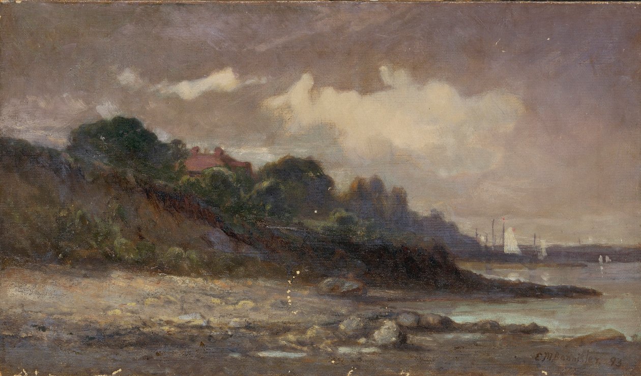Uden titel (kystlinje med sejlbåde og tag) af Edward Mitchell Bannister