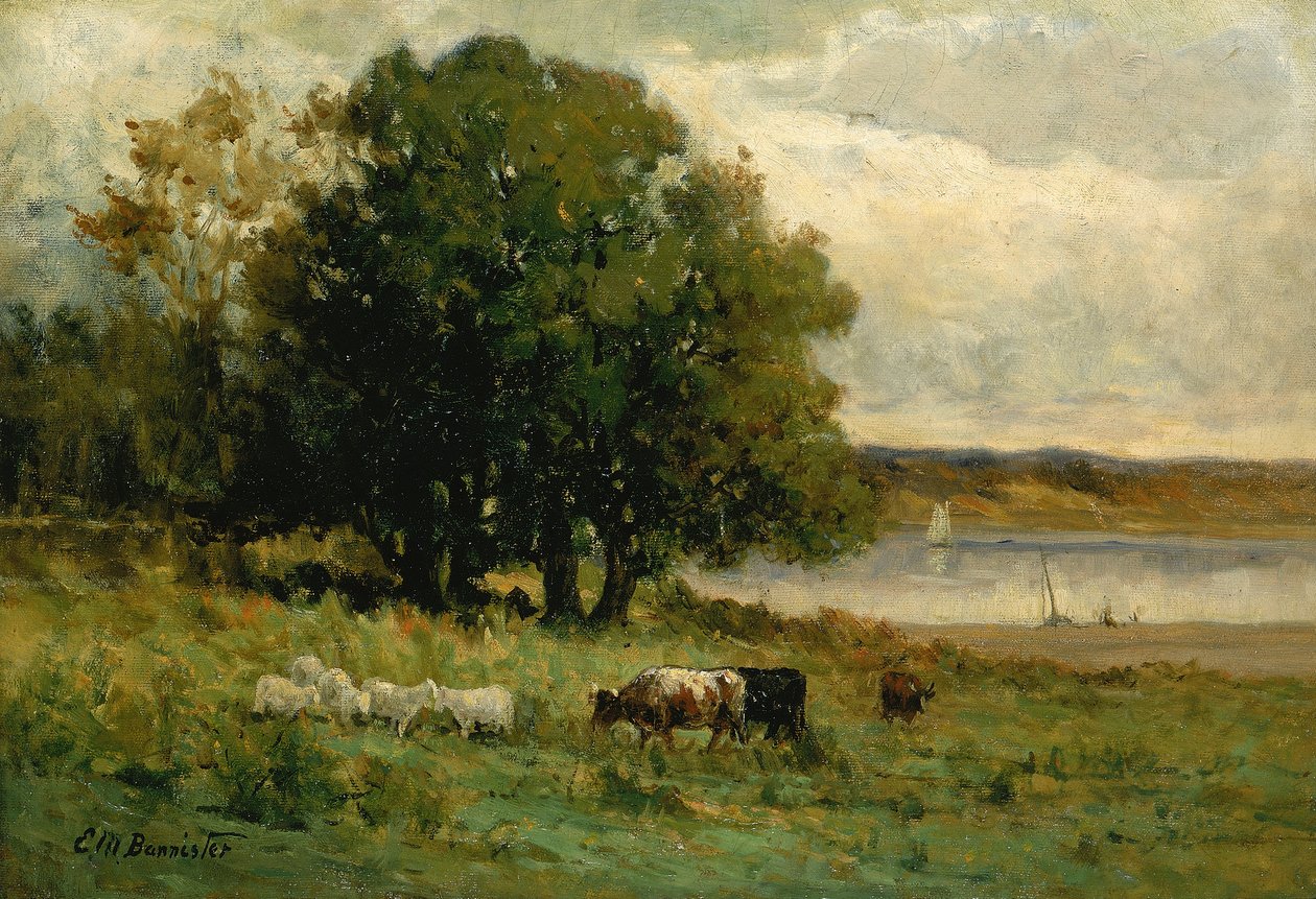 Unavngivet kvæg nær flod med sejlbåd i afstand, n.d. af Edward Mitchell Bannister
