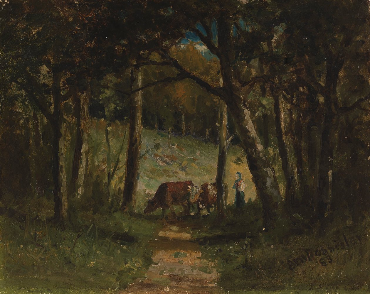 Unavngivne køer på sti i skoven, 1883. af Edward Mitchell Bannister