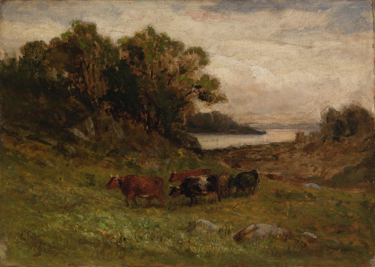 Unavngivne fem køer, der græsser med træer og flod i baggrunden. af Edward Mitchell Bannister