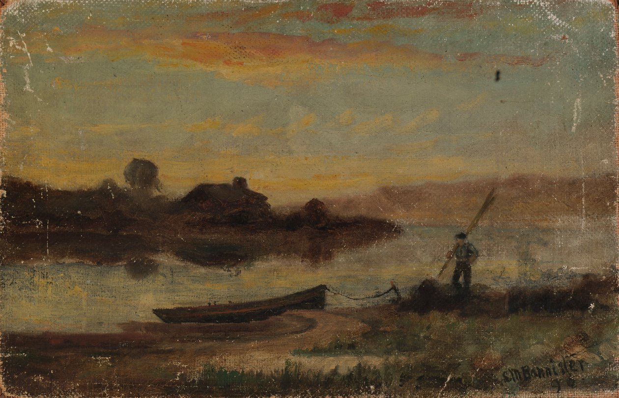 Unavngivet landskab, båd fortøjet nær bredden med mand gående, 1896. af Edward Mitchell Bannister