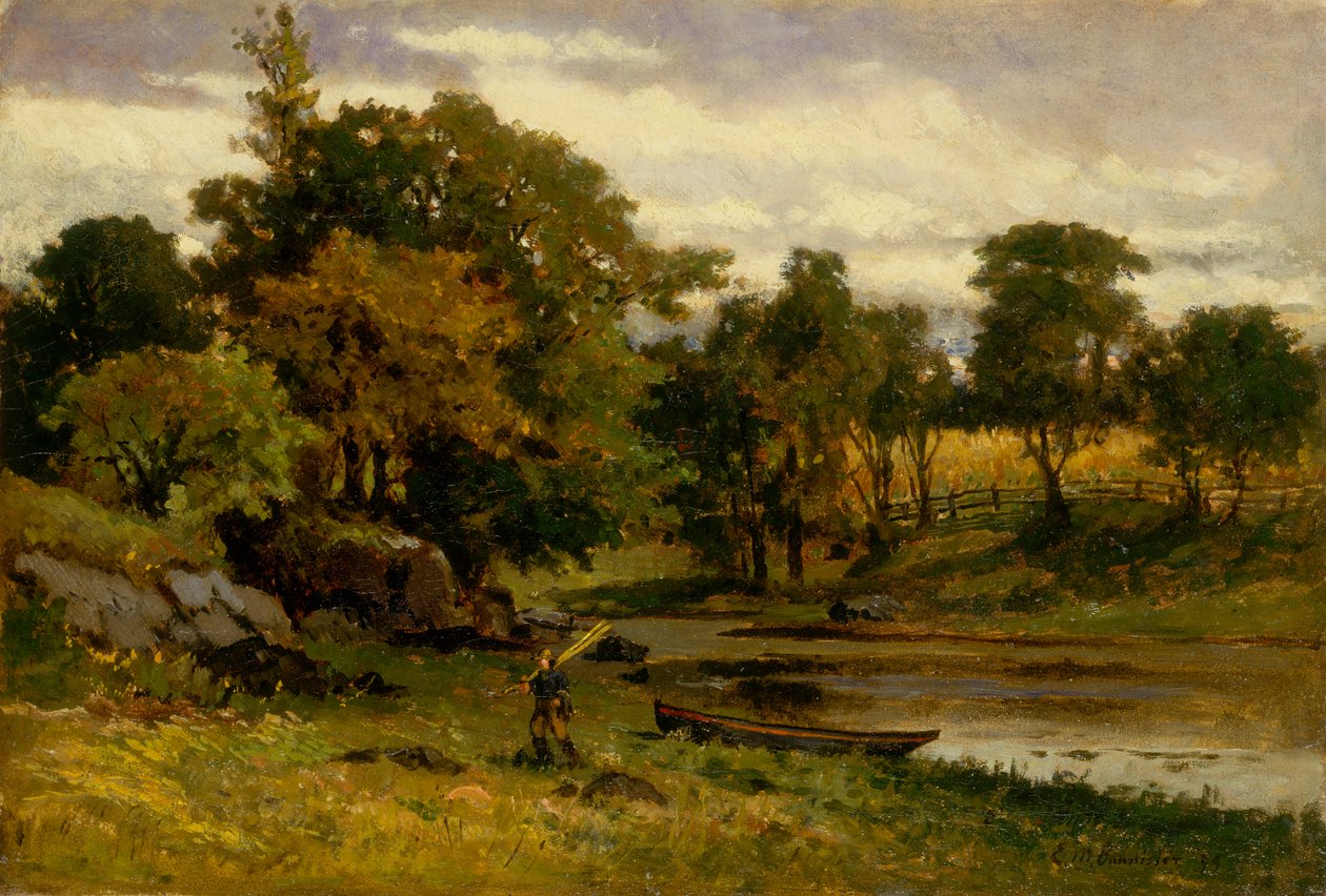 Unavngivet landskab, båd fortøjet nær vandløb, mand gående i forgrunden, 1879. af Edward Mitchell Bannister