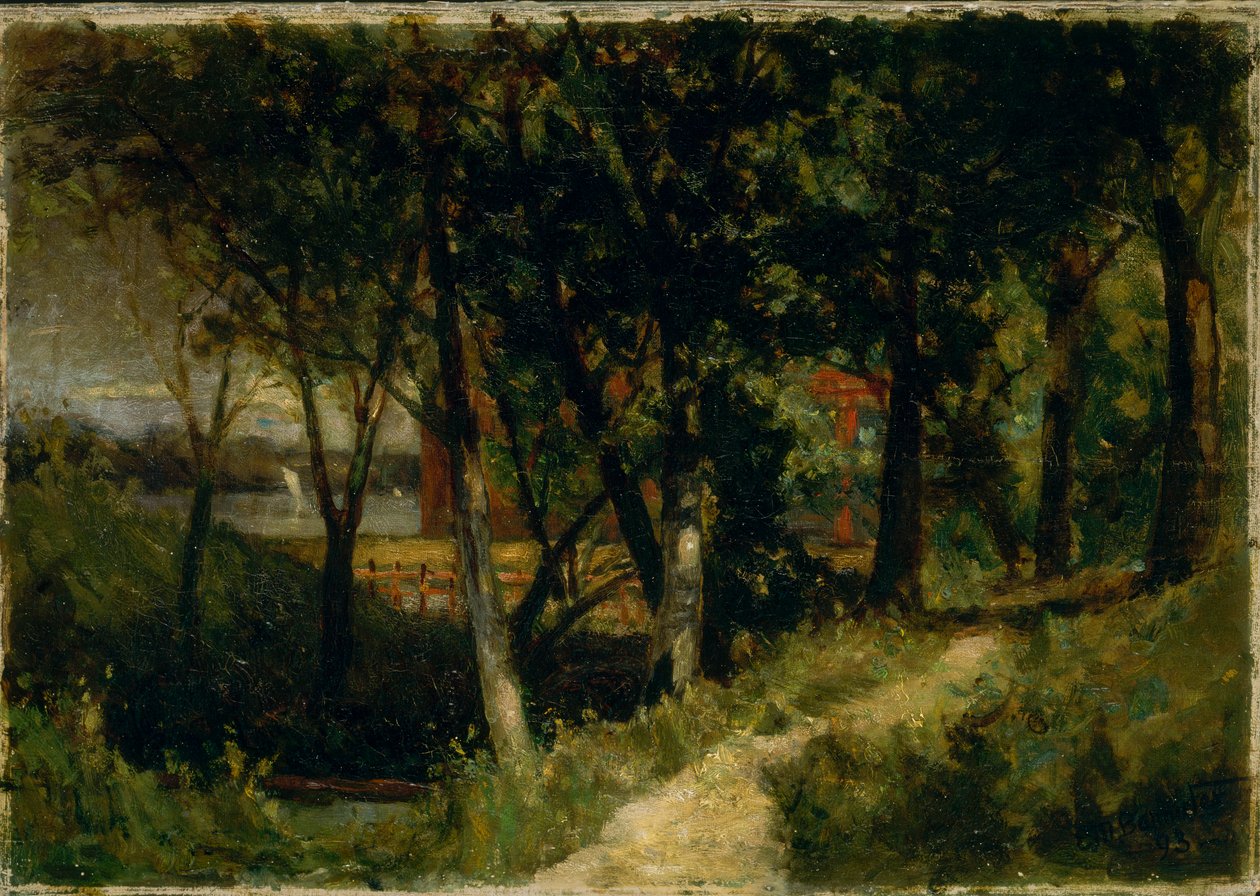 Unavngivet landskab, skovscene med rødt hegn og bygning, 1893. af Edward Mitchell Bannister