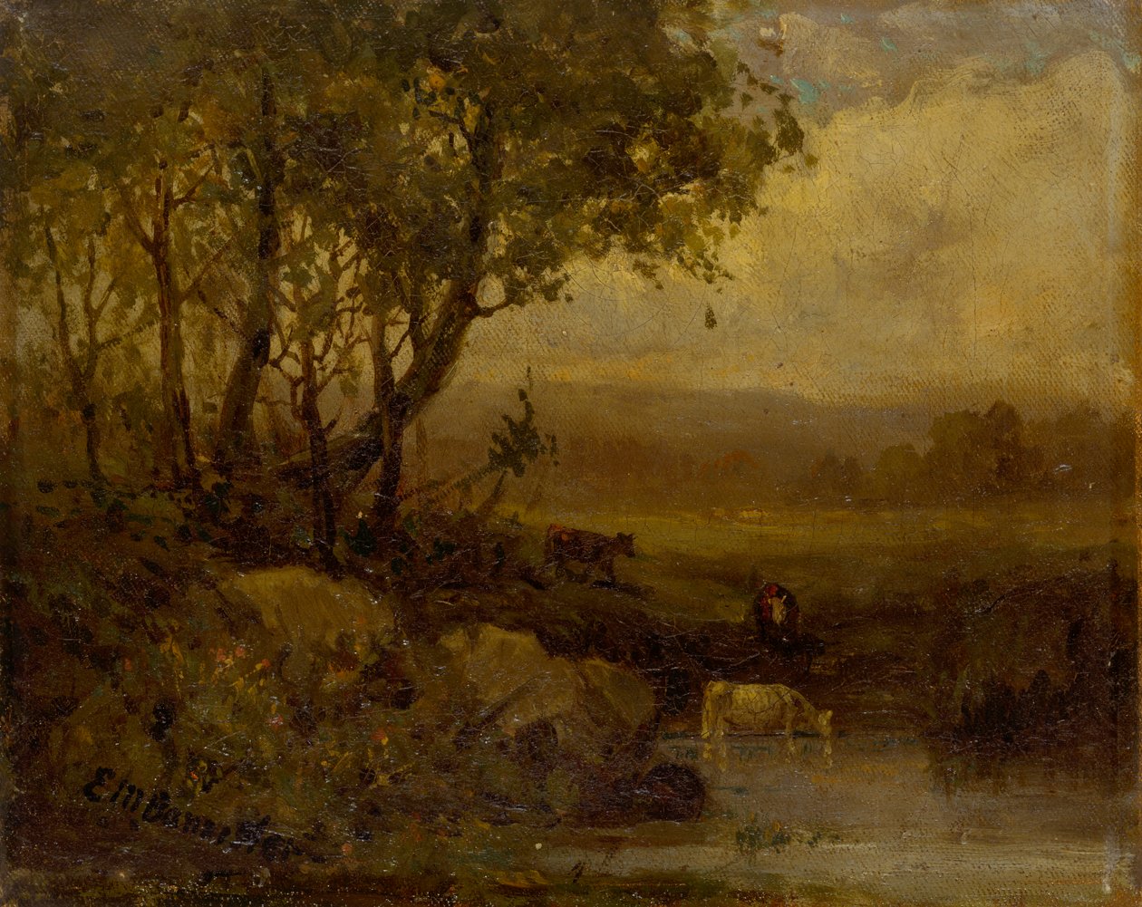 Unavngivet landskab, flodbred, tre køer. af Edward Mitchell Bannister