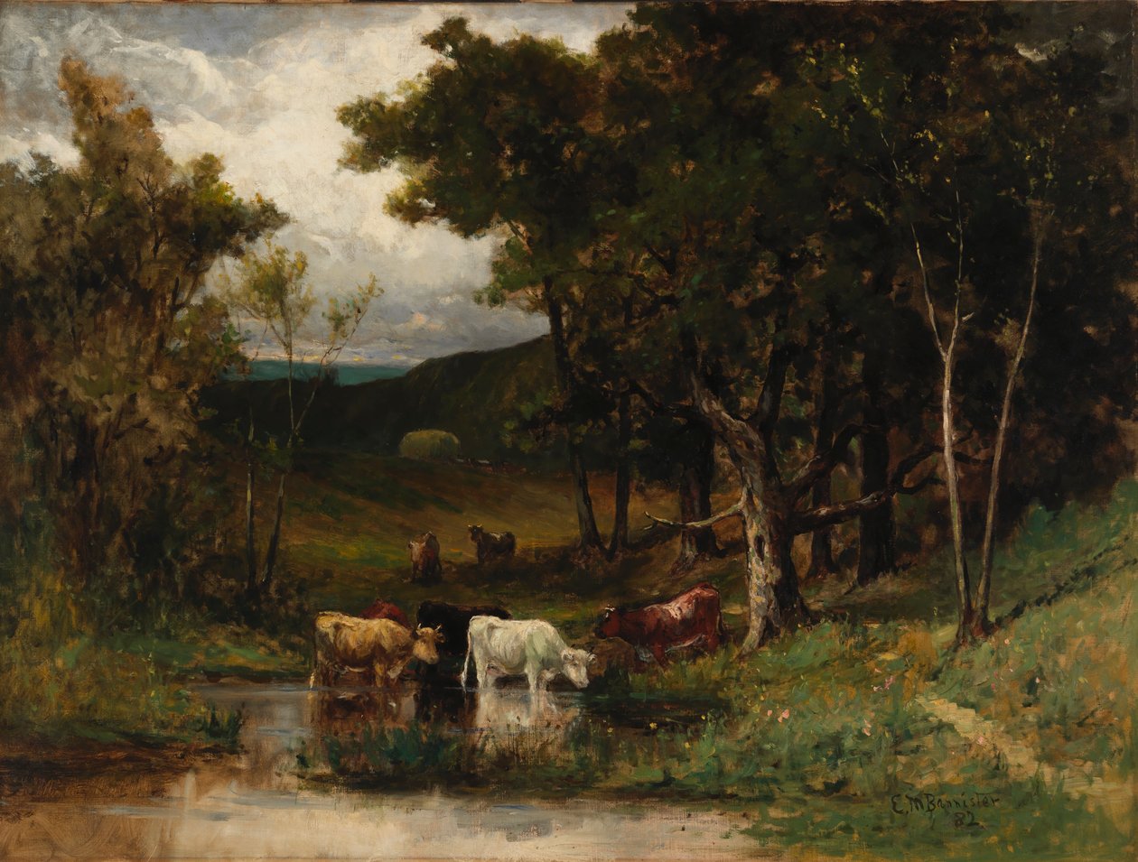 Unavngivet landskab med køer i vandløb nær træer, 1882. af Edward Mitchell Bannister