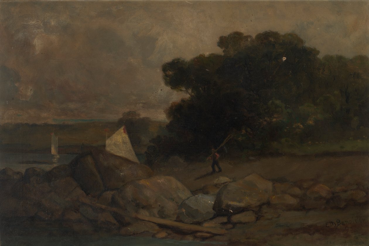 Unavngivet landskab med klipper, mand og sejlbåde, 1895. af Edward Mitchell Bannister