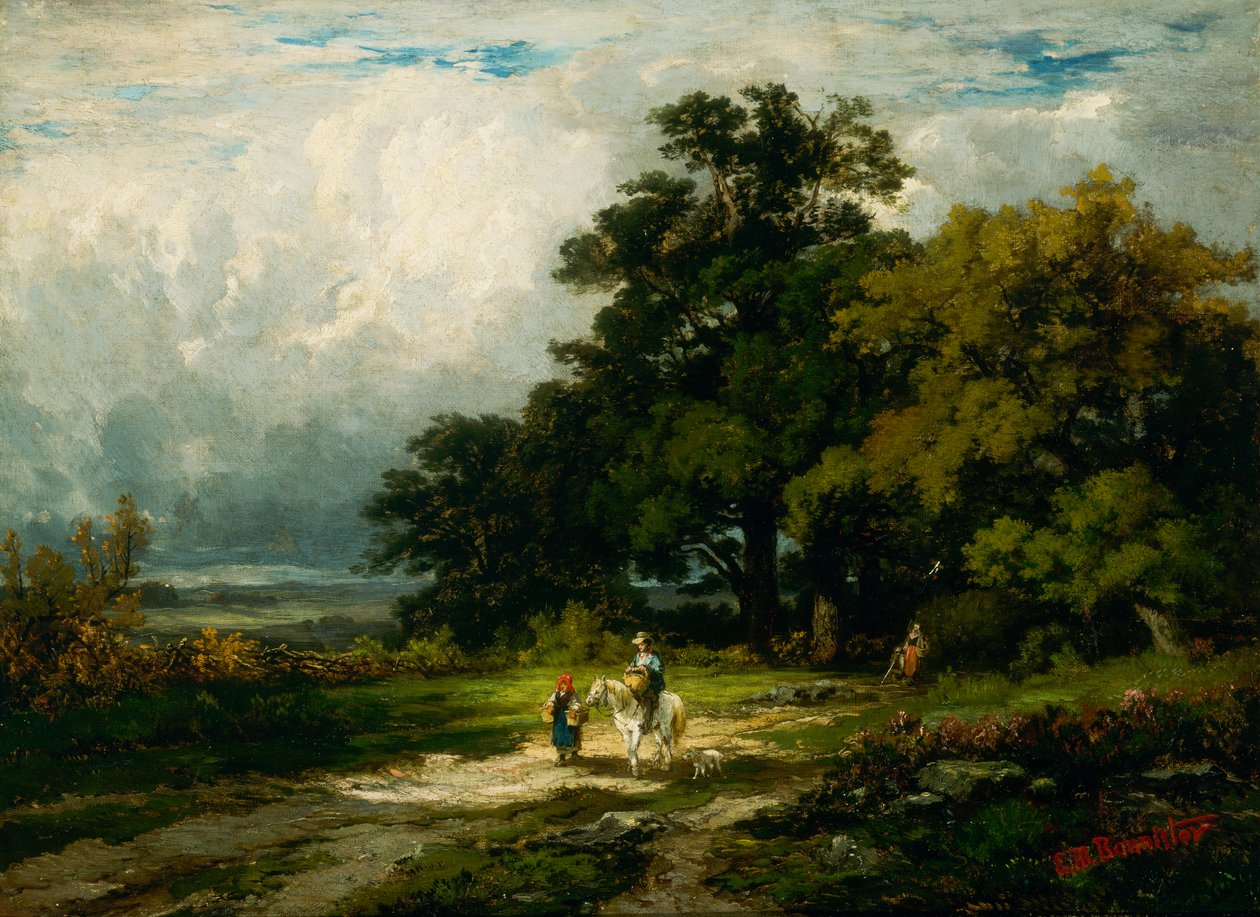 Unavngivet mand til hest med kvinde og hund. af Edward Mitchell Bannister