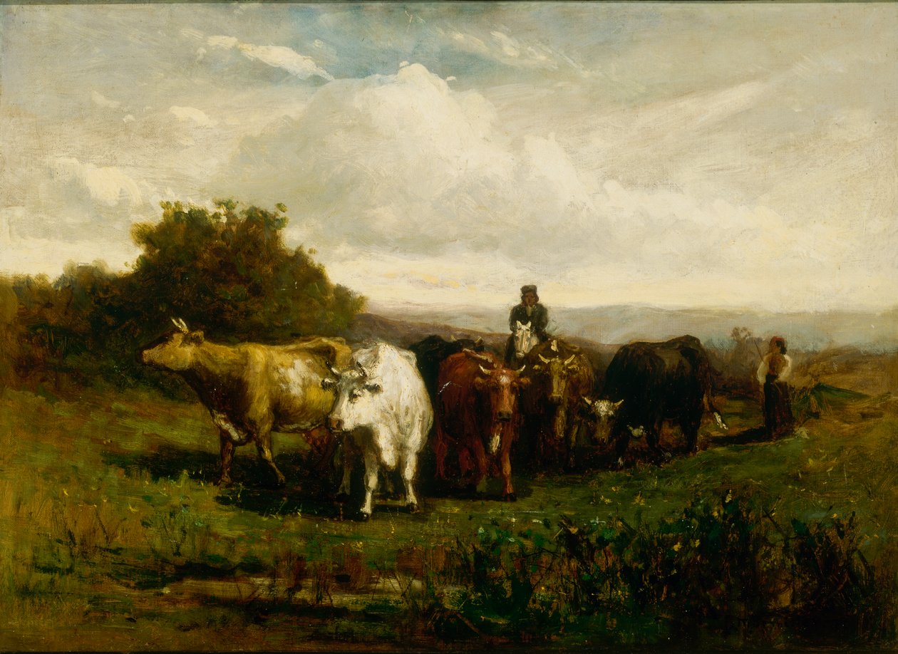 Unavngivet mand til hest, kvinde til fods, der driver kvæg, 1880. af Edward Mitchell Bannister
