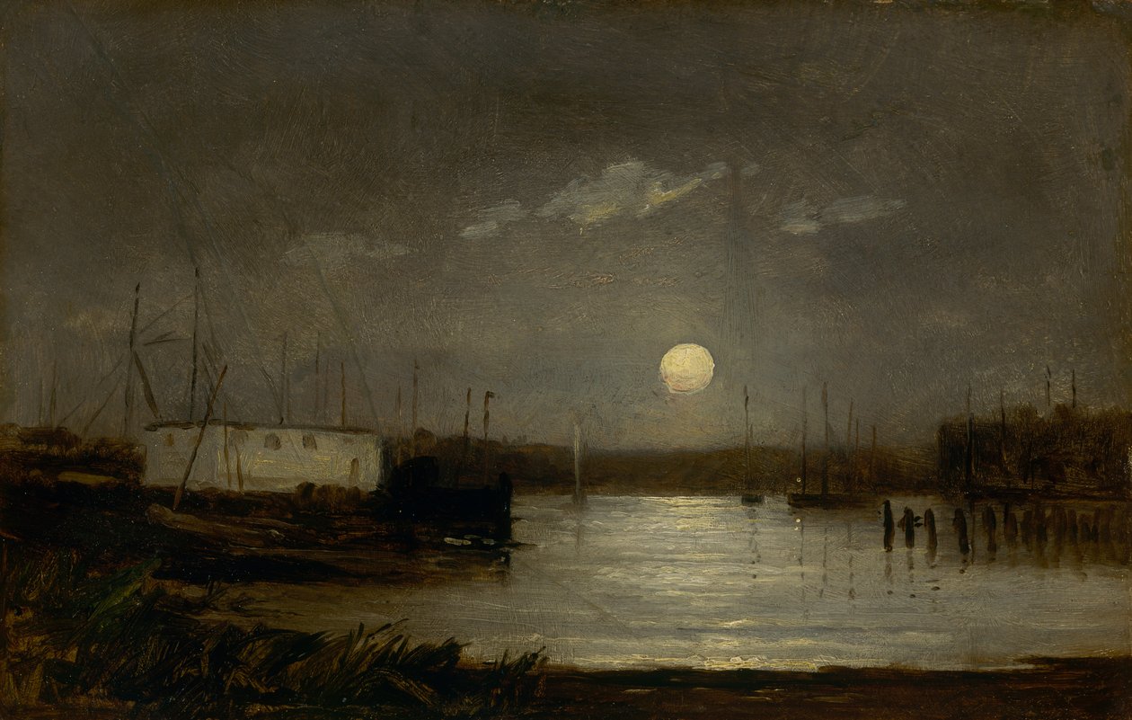 Unavngivet måne over en havn, kajscene med fuldmåne og master af både, ca. 1868. af Edward Mitchell Bannister