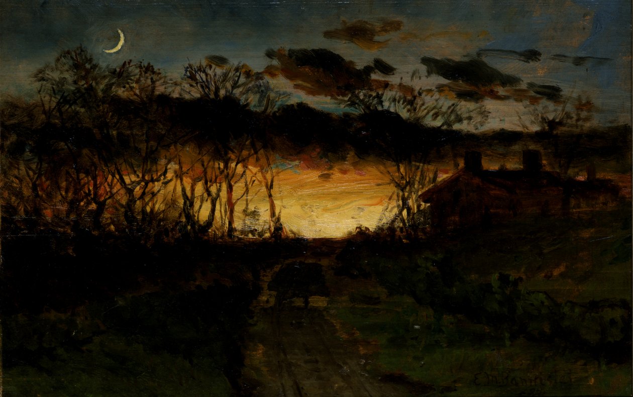 Unavngivet solnedgang med kvartmåne og stuehus, 1883. af Edward Mitchell Bannister