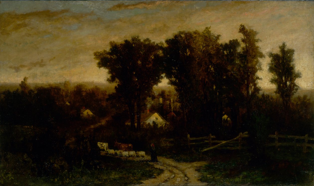 Unavngiven kvinde med kvæg og får i skumringen, n.d. af Edward Mitchell Bannister