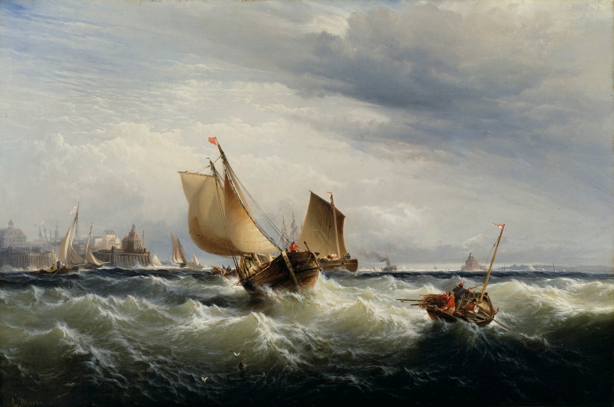 Fiskerbåde slår op mod vinden af Edward Moran
