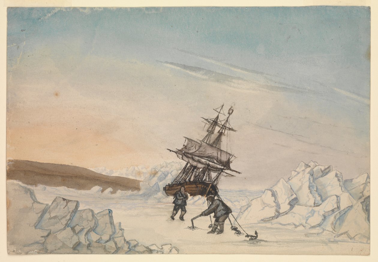 Et skib sidder fast i isen med to besætningsmedlemmer, der fastgør skibet til isen med fire fastgørelsesanordninger. af Edward Newell Harrison