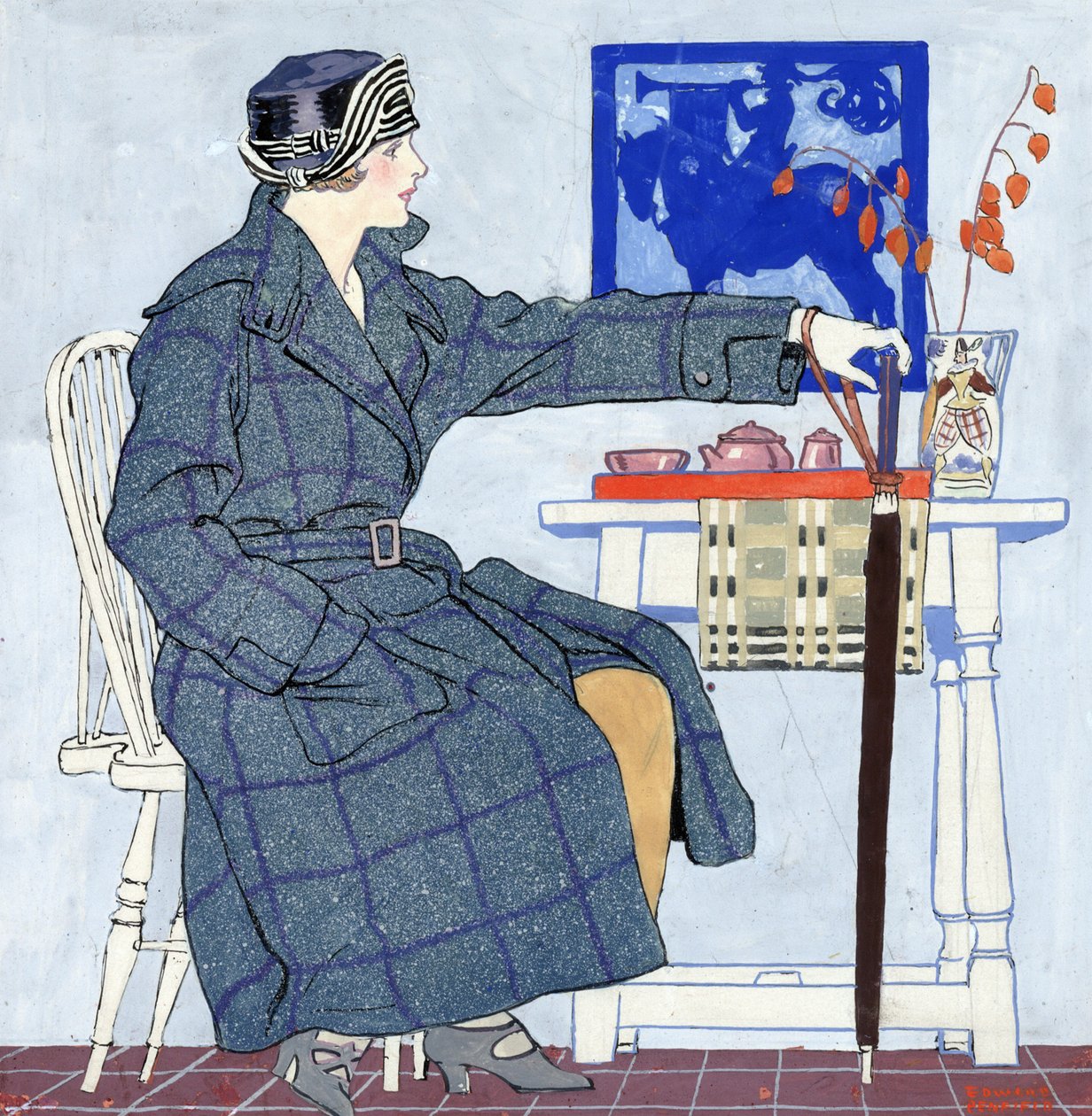 En ung kvinde sidder ved siden af et bord med en paraply af Edward Penfield