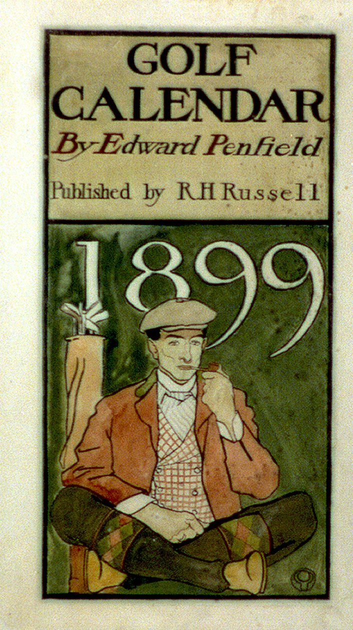 Golfspiller, der sidder ved køller, tegner i akvareller. (1899?) af Edward Penfield 1866-1925, amerikansk kunstner. af Edward Penfield
