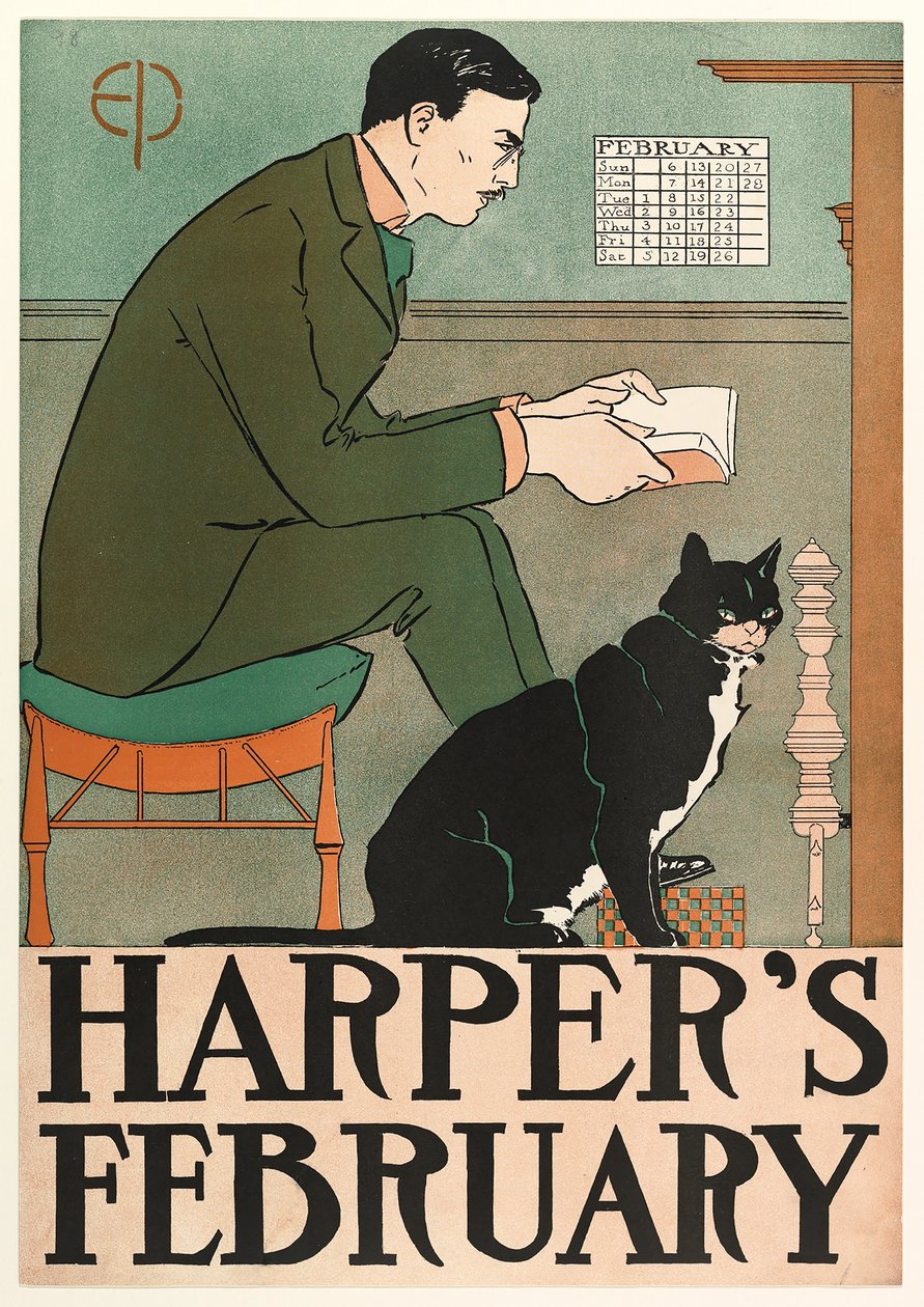 Plakat, der reklamerer for Harpers New Monthly Magazine, februar 1898 af Edward Penfield