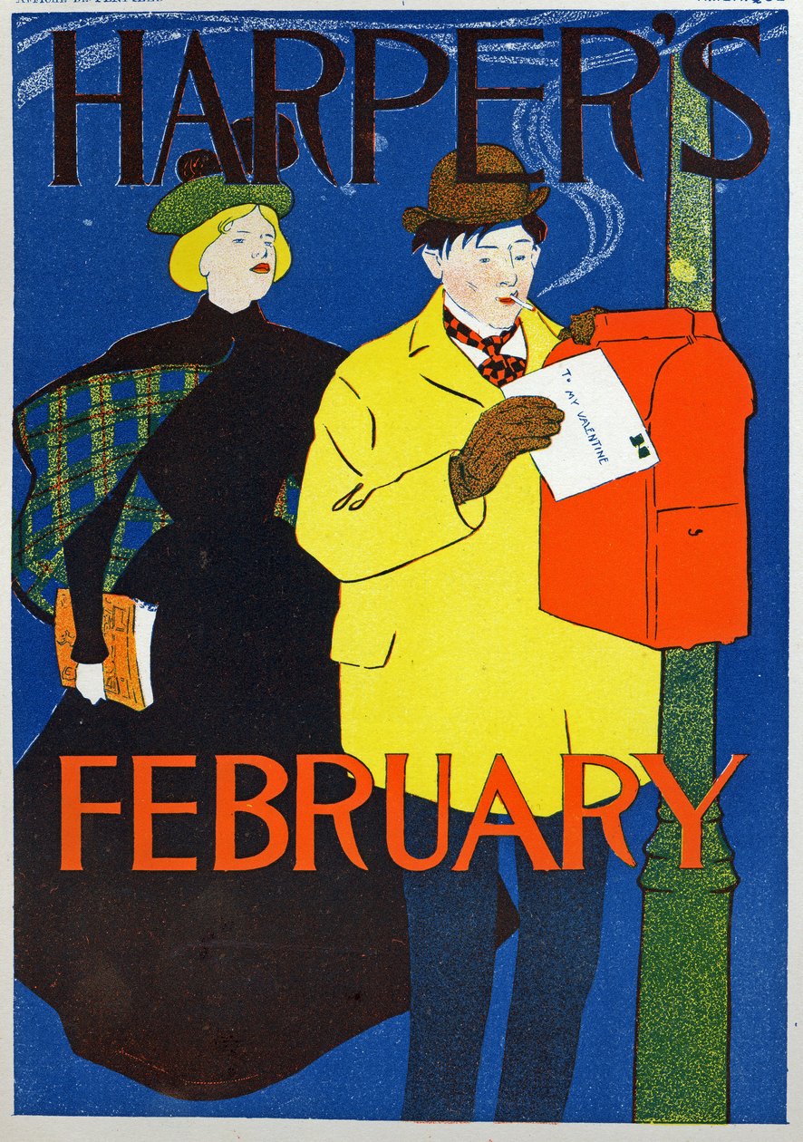 Videnskab. Meddelelse. Stolpe. Valentinsbrevet, plakat af Penfiel for magasinet Harper