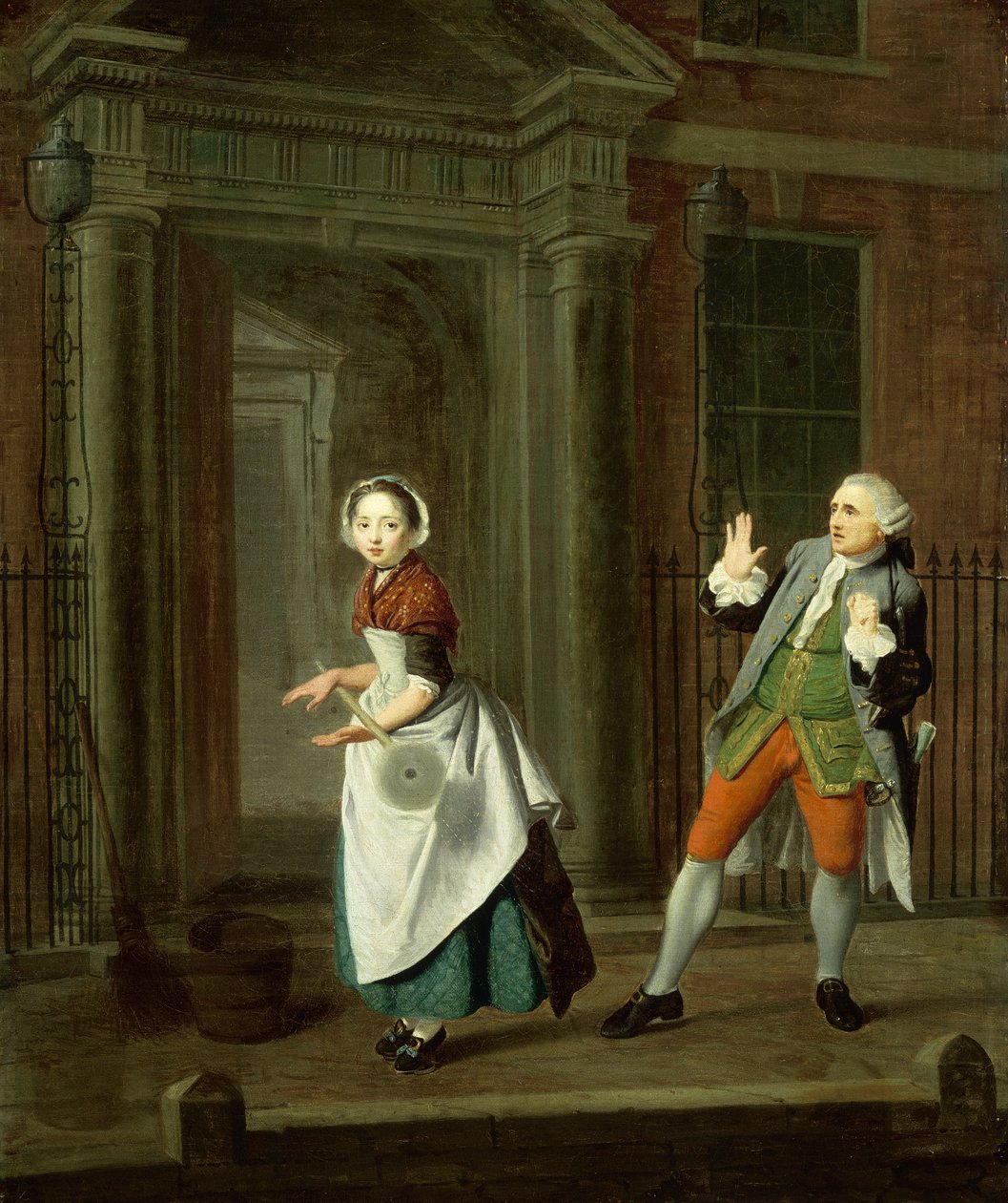 En velklædt tjenestepige snurrer sin moppe, c1764 af Edward Penny