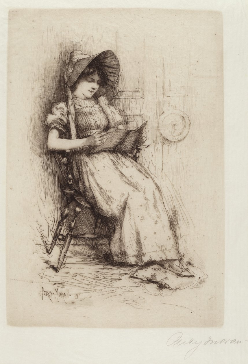 Uden titel (Ung pige med hat, i stolen, læser) af Edward Percy Moran