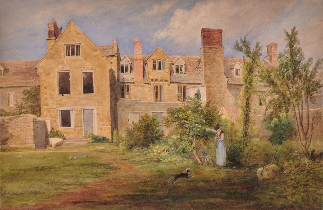 Ved Nottingham (bagsiden af stenbygninger med kvinde, hund og haverulle) af Edward Pretty