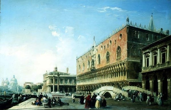 Piazzetta, Venedig, med talrige figurer ved Dogepaladset (olie på lærred) af Edward Pritchett