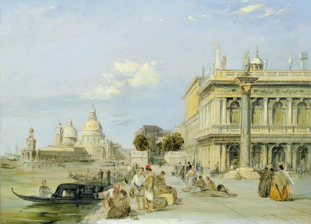 Udsigt over Dogana og Santa Maria della Salute fra Piazzetta, Venedig (olie på lærred) (par 94868) af Edward Pritchett