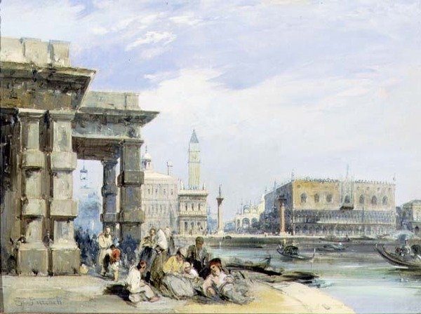 Udsigt over Piazzetta og Palazzo Ducale fra Dogana di Mare, Venedig (olie på lærred) (par 94869) af Edward Pritchett