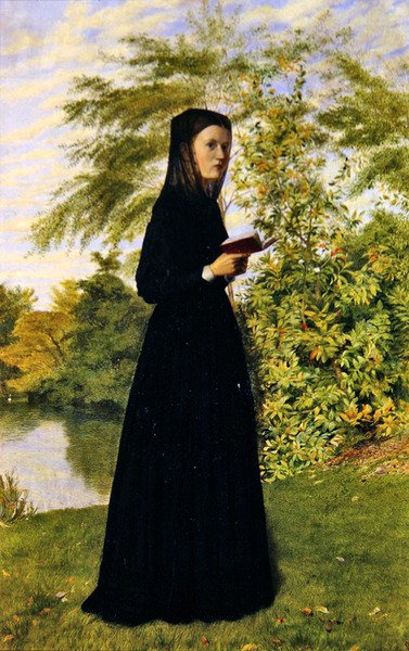 Dame læser i et parklandskab, ca. 1860 (olie om bord) af Edward Radford