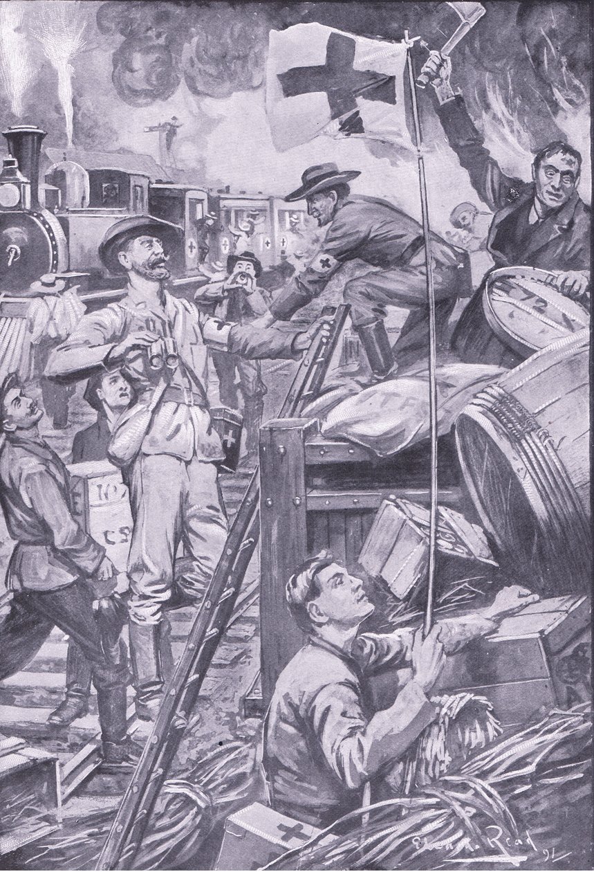 Falsk ambulancemand ødelægger butikker ved Komati Foort under dække af Røde Kors flag, illustration fra After Pretoria: The Guerilla War, 1902 af Edward Read