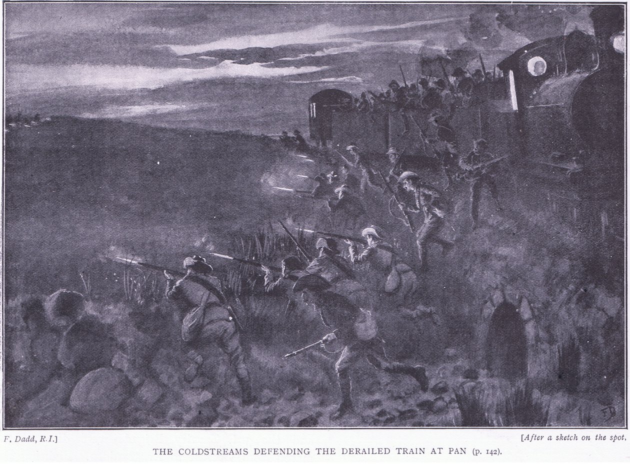 The Coldstreams forsvarer et afsporet tog, illustration fra After Pretoria: The Guerilla War, 1902 af Edward Read