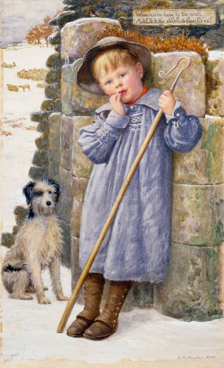 "Dick the Shepherd" En lille hyrde med fingrene i munden, iført en kittel. Maleri af Edward Robert Hughes (1851-1914) (prærafaelit) 1902 Privat samling af Edward Robert Hughes
