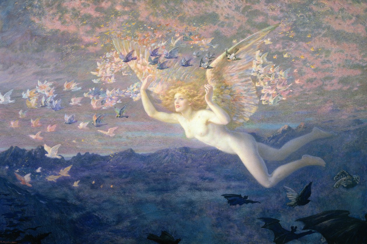 På morgenens vinger, 1905 (wc forstærket med kropsfarve og guldfarve) af Edward Robert Hughes