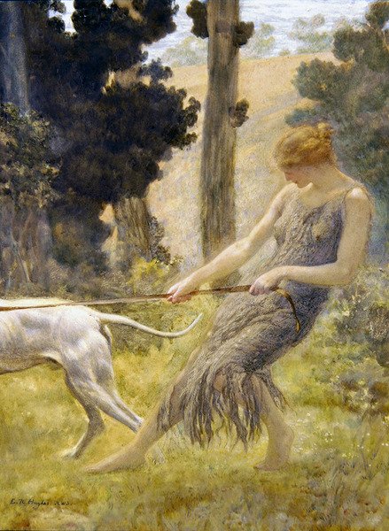 Kvinde går tur med sin hund (tempera ombord) af Edward Robert Hughes