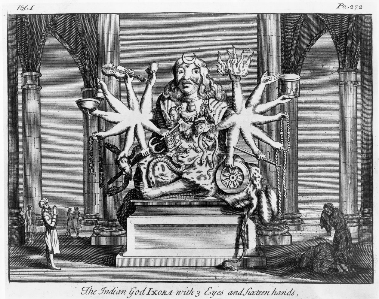 Den indiske gud Ixora med 3 øjne og seksten hænder, c.1780 af Edward Rooker