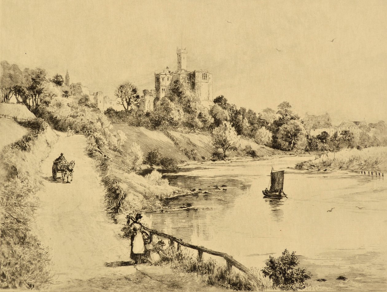 The Coquet: Warkworth Castle fra vejen til Amble, ca. 1880 (radering) af Edward Slocombe