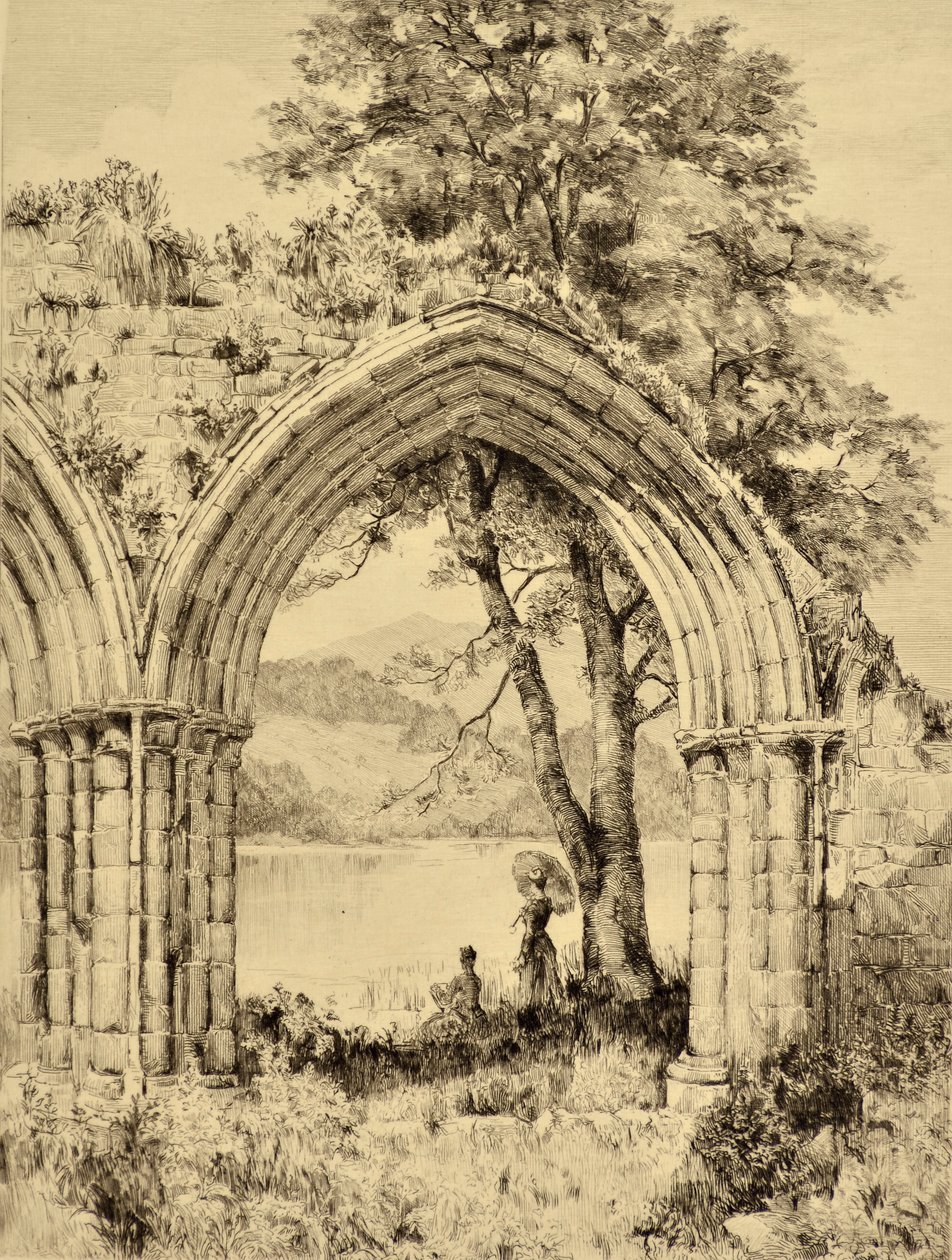 The Forth: Lake of Menteith fra Inchmahome Priory, ca. 1880 (radering) af Edward Slocombe