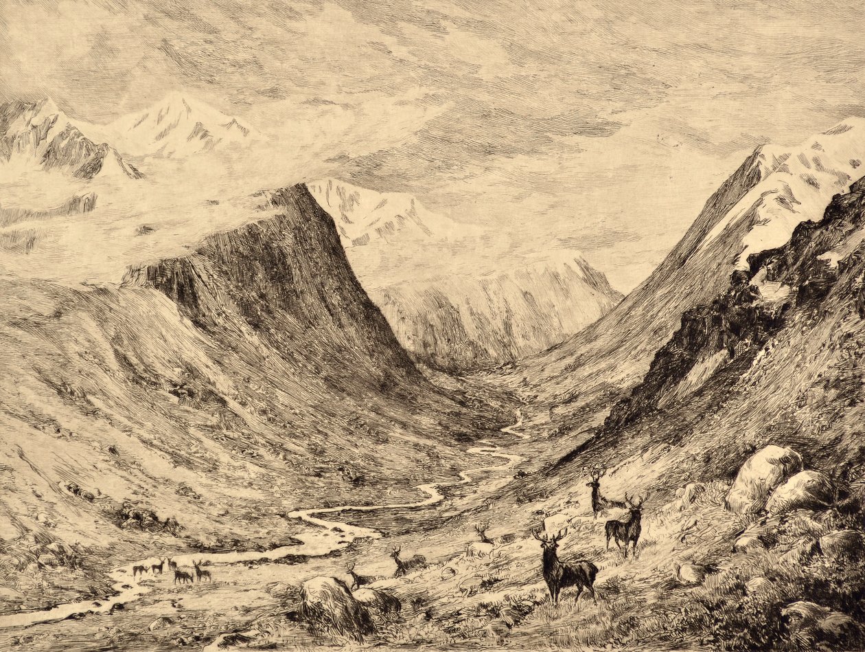 The Highland Dee: Meeting of Garchary and Larig Burns, ca. 1880 (ætsning) af Edward Slocombe
